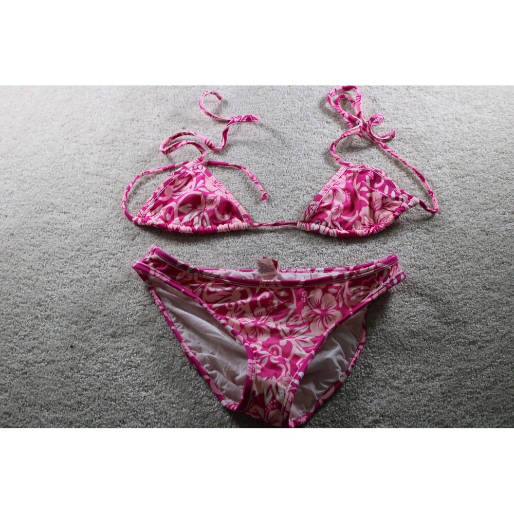 Esprit Bikini Set Womens Medium Pink White Floral Triangle String Made in USA‎